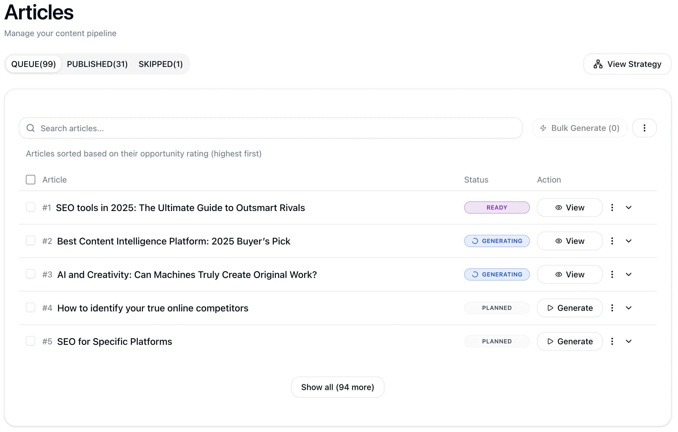 SEO Solved AI Strategy Engine interface showing prioritized content roadmap